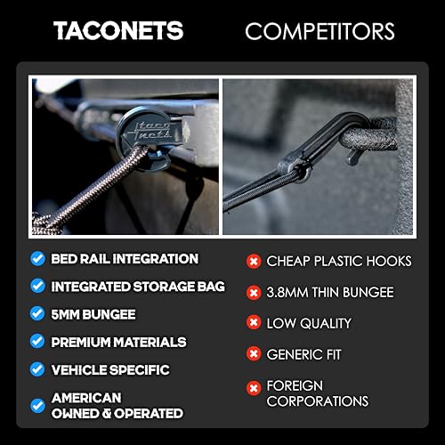 TacoNets Envelope Cargo Net for Toyota Tacoma - Fits 2005-Current - Patented Bed Rail Integration - Upgraded 5mm Bungee - Integrated Storage Bag - Heavy Duty Carabiners - Designed in USA - style: Toyota Tacoma 2005+