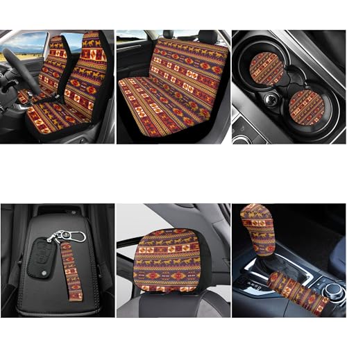 Horeset Aztec Tribal Style Antique Car Seat Cushion Full Set of 11pcs with Lanyards Key Holder,Bottle Holder Pad,Cars Headrest Protector,Gear Shift Knob and Handbrake Cover for Daily Outside Travel - color: Aztec Tribal Style Antique