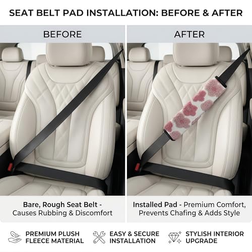 2 Pack Cute Floral Seat Belt Cover, Soft Plush Lamb Wool Shoulder Pad with Hook & Loop Easy Install, Universal Fit Car Accessories (Pink)
