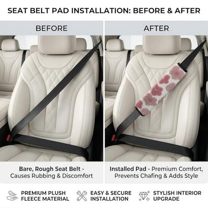2 Pack Cute Floral Seat Belt Cover, Soft Plush Lamb Wool Shoulder Pad with Hook & Loop Easy Install, Universal Fit Car Accessories (Pink)