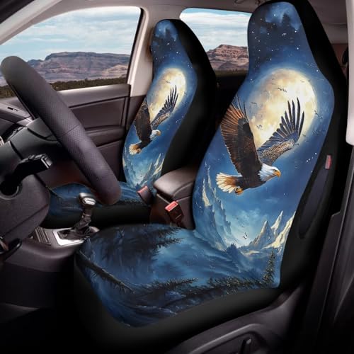 2 Pcs Car Seat Cover for Front Seats, Eagle Print Non-Slip Car Front Seat Cushion Protector Compatible with Airbag, Universal Fits Auto Interior Accessories - color: Blue and Brown - Eagle