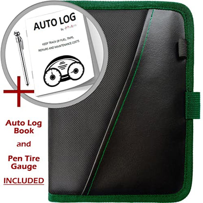 Glove Box Compartment Organizer - Car Document Holder - Owner Manual Case Pouch - Vehicle Storage Wallet for Registration & Insurance Card - Premium Auto Paperwork Holder - Log Book included - Green