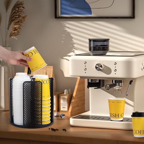 4-Compartment Rotating Paper Cup Holder & Coffee Cup Lid Storage Dispenser, Plastic Cup Dispenser Removable, Space-Saving Countertop Cup Holder for Coffee Bars, Kitchens (Black) - color: Black