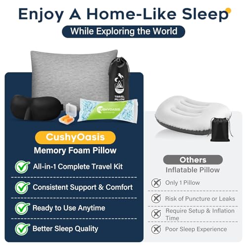 All-in-1 Camping Pillow Set - Shredded Memory Foam Neck Pillow Travel Pillow with Eye Mask, Earplugs, Washable Cover, Compact for Backpacking, Camping, Flights, Car Travel (Medium Size) - size: Medium
