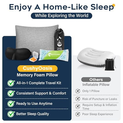 All-in-1 Camping Pillow Set - Shredded Memory Foam Neck Pillow Travel Pillow with Eye Mask, Earplugs, Washable Cover, Compact for Backpacking, Camping, Flights, Car Travel (Medium Size) - size: Medium