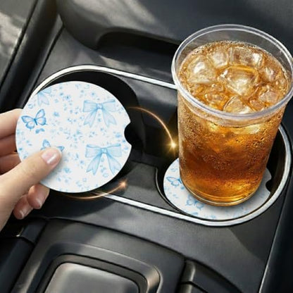 Ceramic Car Coasters, 2 Pack, 2.64" Absorbent Car Cup Holder Coasters, Cute Ceramic Car Coasters for Women, Blue Butterfly & Bow Pattern - color: Blue Butterfly Bow