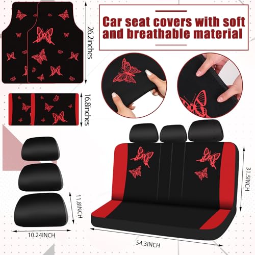 BBTO 47 Pcs Car Seat Full Set Car Accessories for Women 5 Front Rear Seat Covers Wrist Strap 2 Pieces Cup Mat Armrest Pad 2 Belt Cover Accessories for SUV(Red Black)
