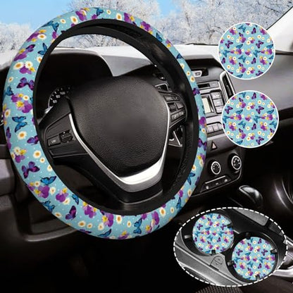 Blue Butterfly Steering Wheel Cover for Women Men with 2 Pcs Car Coasters, Universal 14.5-15 Inch Cute Steering Wheel Covers Non-Slip Car Accessories for Girls - color: butterfly