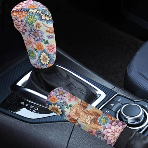 Horeset Mandala Dahlia Highland Cow Car Gear Shift Knob and Hand Brake Covers, Gear Shift Knob Cover Cars Protect Accessories, Auto Hand Brake Comfortable Handle Grip Cover Universal for Most Cars - color: Mandala Dahlia Highland Cow