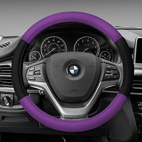FH Group Light & Breezy Cloth Full Set Car Seat Covers (Purple/Black) Combo Set: Steering Wheel Cover, Seat Belt Pads and Black Vinyl Floor Mats – Universal Fit for Cars Trucks & SUVs