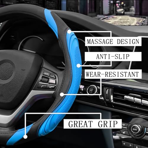 15 Inch Car Leather Steering Wheel Cover, Automotive Accessories Elastic Breathable Anti-Slip Soft Wheel Protector Fits Men and Women, Suitable for SUVs, Trucks, Vehicles and RVs (Blue) - color: Blue