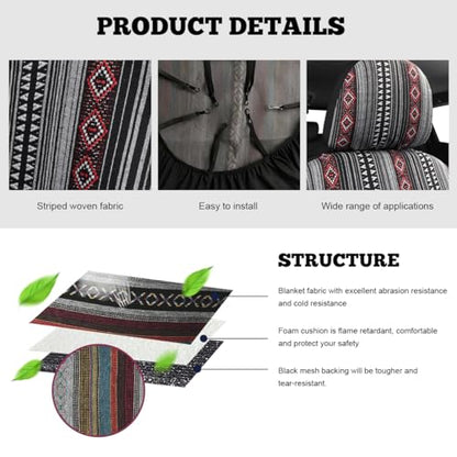 9PCS Baja Saddle Blanket Car Seat Covers, Front Set Breathable Washable Seat Covers with Seatbelt Pad, Striped Woven Cloth Airbag Compatible Seats Protector for Most Vehicles (Black White Red) - color: Black White Red