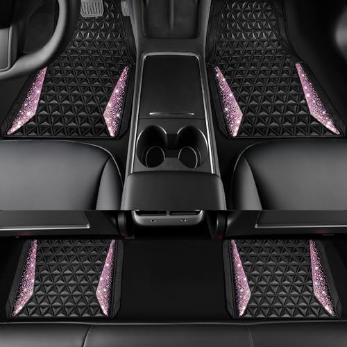CAR PASS Bling Rubber Car Mats Diamond Floor Mats Full Set Anti-Slip 3D Rhombus Waterproof Universal Trim to Fit Liner Glitter Crystal Sparkly Shining Rhinestone Girl Women SUV Sedan Van, Black Pink - color: Pink Diamond