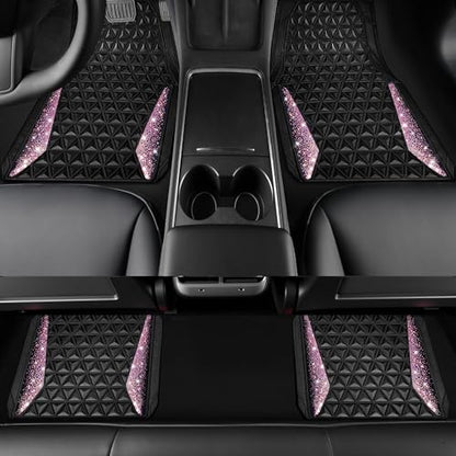CAR PASS Bling Rubber Car Mats Diamond Floor Mats Full Set Anti-Slip 3D Rhombus Waterproof Universal Trim to Fit Liner Glitter Crystal Sparkly Shining Rhinestone Girl Women SUV Sedan Van, Black Pink - color: Pink Diamond