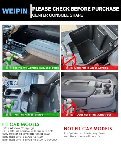 Silverado Sierra Center Console Organizer - Refreshed Models 2022-2026 Chevy Silverado/GMC Sierra 1500-2024-2026 Silverado/Sierra 2500HD 3500HD - (Full Console w/Bucket Seats ONLY) - Black - color: (22-26)Full Console w/Bucket Seats-Black
