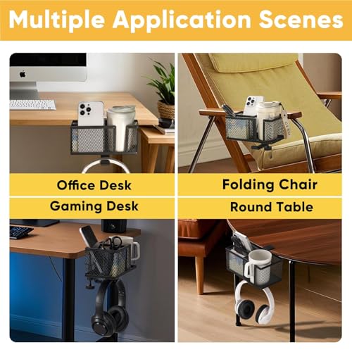 4 in 1 Metal Clip On Cup Holder Attachment for Gaming Desk or Table, Fits up to 40oz Cups, Sturdy and Easy to Clamp, Attachable Anti-Spill Cup Holder for Chair, Bedside, Bottles, Drinks - Black - color: Non - glossy Black