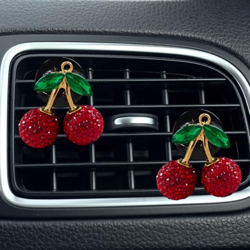 Craedli 2PCS Bling Cherry Car Dashboard Air Vent Trim Clips, Crystal Rhinestone Car Air Vent Outlet Clip, Universal Cute Automotive Interior Decoration Charm Accessories for Women (Red) - color: Red