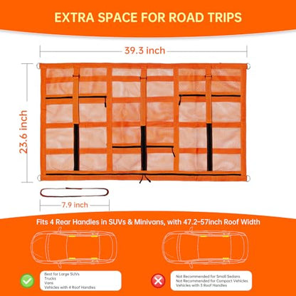 Extra Large Car Ceiling Cargo Net 39.3" x 23.6" for SUV,Truck & Van,Double Layer Roof Storage Organizer with Adhesive Straps,Overhead Mesh Holder for 4 Handle Vehicles,Camping Travel,Orange - size: 39.3" X 23.6"