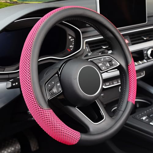 15 inch Steering Wheel Cover, Cooling Ice Silk Mesh with Microfiber Leather, Heat Resistant, Breathable, Anti-Slip, Summer Cool, Universal Fit, Black & Red - color: red, size: Standard Size[14.5"-15"]