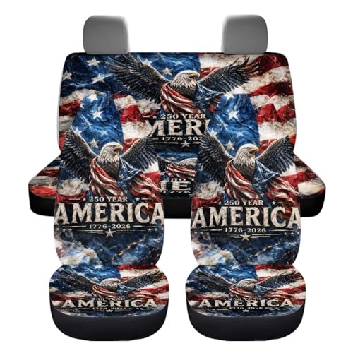 4 Pcs American Flag Eagle Car Accessories Set Animal Eagle Car Seat Covers for Front and Rear America 250Th Anniversary Universal Auto Interior Seat Protector Split Bench Back Protector - color: American Flag Eagle Theme
