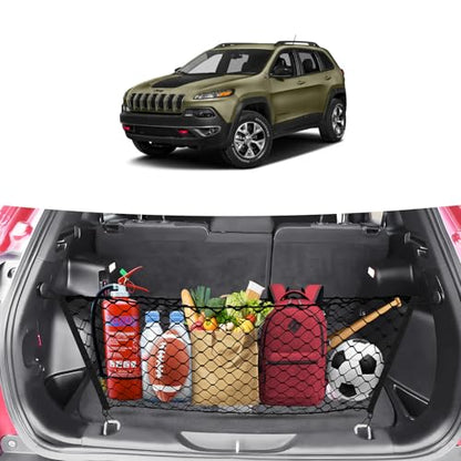 Canvcle Trunk Cargo Net for 2014-2023 Jeep Cherokee Accessories Envelope Style Mesh Trunk Net Organizer and Storage Stretchable Adjustable Elastic Nylon Rear Cargo Netting with Hooks - style: for Jeep Cherokee
