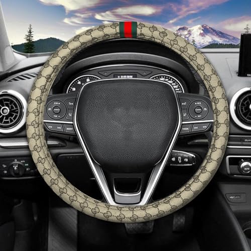 Steering Wheel Cover for Women with 2 Car Headrest Pillow and 2 Seat Belt Cushions Shoulder Pads Universal fit 14 1/2"-15" Steering Wheel Beige