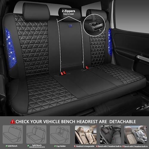 CAR PASS Bling Diamond Black Leather Car Seat Covers Full Set Interior Sets, Waterproof Shining Glitter Sparkly Crystal Universal Armrest Fit Automotive Truck SUV Cute Women Girl, Blue Rhinestone - color: Blue Rhinestone, size: Full Set