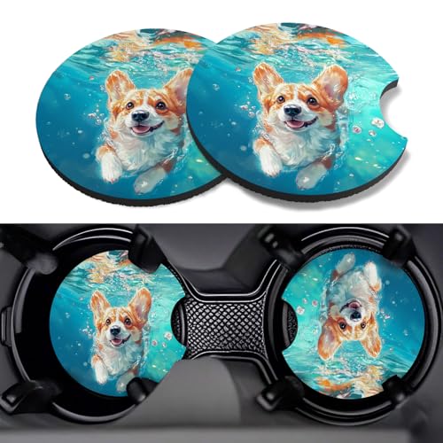 Car Cup Coasters,2 Pack Car Coaster,2.75inch Anti Slip and Absorbent Cars Coasters for Cup Holders,Neopren Accessories for Women,Cute Decor for Women (Corgi) - color: Corgi