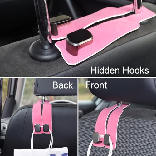 Purse and Bag Hook for Car, Zinc Alloy Seat Headrest Hooks, Upgraded Leather Cute Car Seat Back Purses Hanger and Bags Holder (Pink, 2Pack) - color: Pink