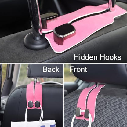 Purse and Bag Hook for Car, Zinc Alloy Seat Headrest Hooks, Upgraded Leather Cute Car Seat Back Purses Hanger and Bags Holder (Pink, 2Pack) - color: Pink
