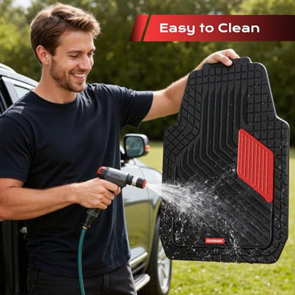 Coverado Heavy-Duty PVC Car Floor Mats Full Set – Red Metallic Heel Pad, All-Weather Protection for Front & Rear, Non-Slip Backing, Easy-to-Clean Liners, 4 Pcs - color: Red