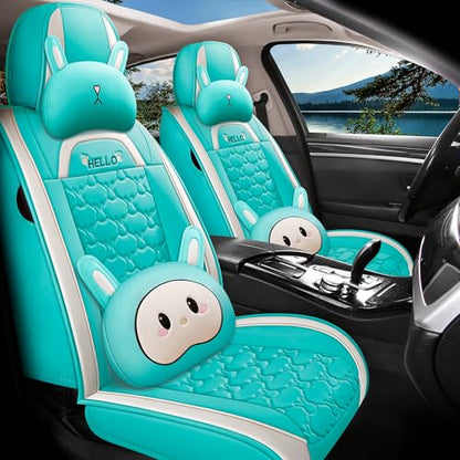 INZU Cute Cartoon Rabbit Comfortable Car Seat Covers with Waterproof PU Leather Suitable for Most 5 Seats Cars SUV and Pick-up Truck Universal Fit Set (Blue & Green) - color: Blue & Green