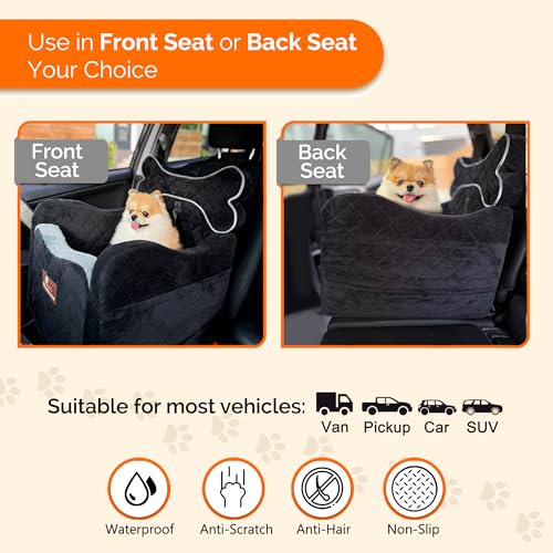 Yara’s Woofyverse Dog Car Seat for Small & Medium Dogs - Premium Booster, Fur-Lined Headrest, Adjustable Cushions & 6-Pocket Storage - Portable Pet Seat for Front/Back Travel - Midnight Ash