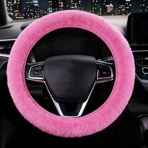 Furry Car Steering Wheel Cover, Heat Absorbing Fluffy Cover, Soft Warm Plush Non-Slip, 14 1/2-15 inch, for Women Girls, Pink - color: single cover - pink