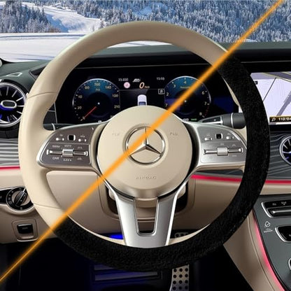 Furry Warm Steering Wheel Cover, Universal 14.5-15 Inch Winter Plush Warm Steering Wheel Cover, Soft Fluffy, Anti-Slip Design, Soft Texture (Black) - color: Black Plush