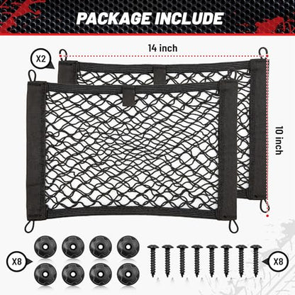 RED WOLF 2 Layer Small Mesh Cargo Net Elastic Storage Netting 2 Pcs Stretchable Car Organizer Net 14×10 Inch for Trunk RV Boats Home Auto Cargo Net Pocket with Screws and Hooks