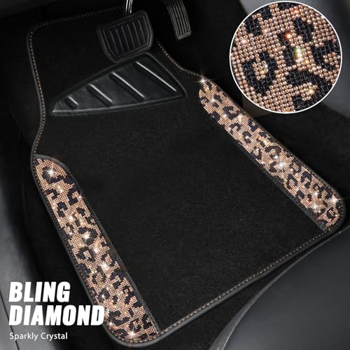 CAR PASS Bling Diamond Car Floor Mats, Shining Rhinestone Carpet Sparkly Glitter Crystal with Anti-Slip PVC Heel Pad Waterproof Universal Fit Automotive SUV,Sedan,Van,Cute Girl Women,4pcs Gold Leopard - color: Gold Leopard
