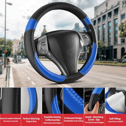 Non-Slip Car Nappa Leather Steering Wheel Cover,Universal Car Accessories Women Men Fit 14" 1/2-15" Suvs/Vans/Sedans/Cars/Trucks,Blue - color: Black Blue