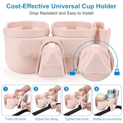Accmor Stroller Cup Holder with Phone Holder, Bike Cup Holder, Universal Cup Holder for Uppababy Nuna Doona Strollers, 2-in-1 Cup Holder for Walker, Wheelchair, Scooter - color: Double Holder-All Crystal Pink