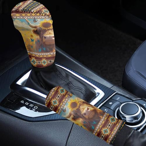 Highland Cow Auto Handbrake Cover & Shift Gear Cover Southwest Aztec Sunflower 2Pcs Set Car Accessories for Men Women Universal Fit - color: Highland Cow Southwest Aztec Sunflower