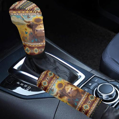 Highland Cow Auto Handbrake Cover & Shift Gear Cover Southwest Aztec Sunflower 2Pcs Set Car Accessories for Men Women Universal Fit - color: Highland Cow Southwest Aztec Sunflower