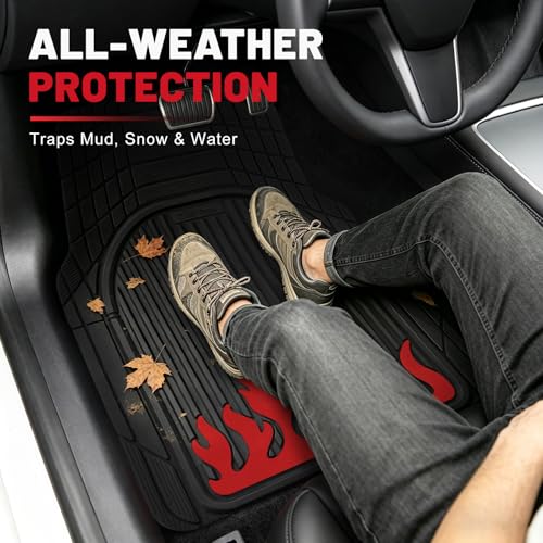 Heavy Duty Rubber Car Mats Flame Design (Inferno Red), 4-Piece Deep Waterproof Floor Mats Set (Front & Rear Full Set), All Weather Universal Trim to Fit Automotive SUV Sedan Truck - color: Inferno Red, size: Flame