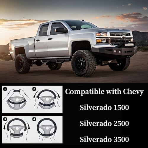Leather Steering Wheel Cover for Chevy Silverado 1500 2500 3500, 14.5-15 inches Car Steering Wheel Cover with Non-Slip Breathable (Black) - color: Black