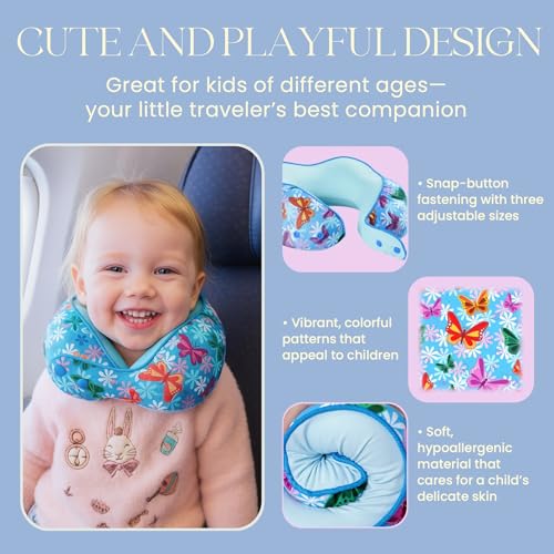 SKYTRAX® Certified Kids Safe Memory Foam Travel Neck Pillows for Kids and Toddlers Cute Cartoon Design, Car Seat & Airplane Head Neck Support, Adjustable Snap Buttons Washable Soft Cover (Butterfly) - color: Butterfly