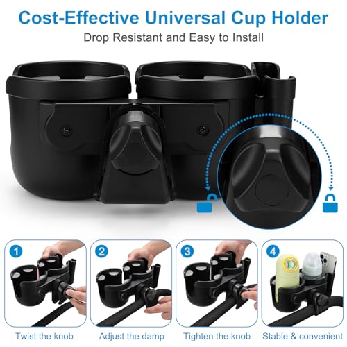 Accmor Stroller Cup Holder with Phone Holder, Bike Cup Holder, Universal Cup Holder for Uppababy Nuna Doona Strollers, 2-in-1 Cup Holder for Walker, Wheelchair, Scooter - color: Double Holder-All Black