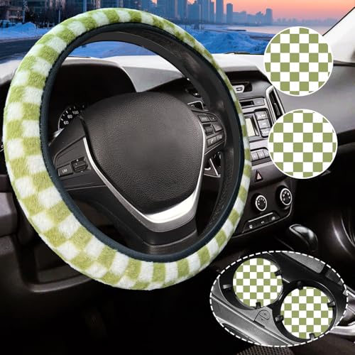 Green and White Checkered Fuzzy Steering Wheel Cover for Women, Universal Auto Steering Wheel 14-15 Inch Soft Warm Car Interior Accessories with 2PCS Car Coasters, Suitable for Men and Women - color: Green white