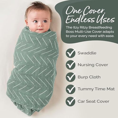 Itzy Ritzy Breastfeeding Boss Multi-Use Cover – A Nursing Cover, Swaddle, Car Seat Wrap, Tummy Time Mat & Burp Cloth All in One – Made of Soft Muslin Fabric & Measures 47” x 47” (Sage Mudcloth) - color: Sage Mudcloth