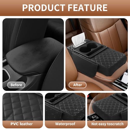 5-in-1 Universal Car Center Console Cover with Cup Holder, Upgrade Armrest Cushion for Car with Side Storage, PVC Leather Armrest Cover Pad with Phone Slot & Tissue Holder, Black - color: Black