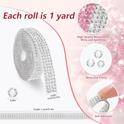 Rhinestone Ribbon Self Adhesive Crystal Rhinestone, 6-Yard Bedazzling Strips, 6-Rolls Rhinestones Strips for DIY Craft, Rhinestones Tape Self Adhesive, Transparent Crystal Color - color: White Crystal Colors