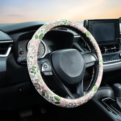 Retro Pink and Purple Flowers Steering Wheel Cover Auto Jacquard Steering Wheel Protector, Anti-Slip, Breathable, Absorbing Sweat, Universal Car Accessories 14.5–15 inch,Fit for Most Car, Trucks, SUV - style: Pink Cherry Blossom